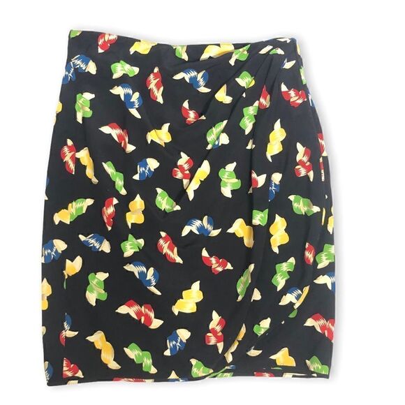 Emanuel Ungaro Dresses & Skirts - Vintage Ungaro Black Ribbon Print Skirt Faux Wrap Gold Accents